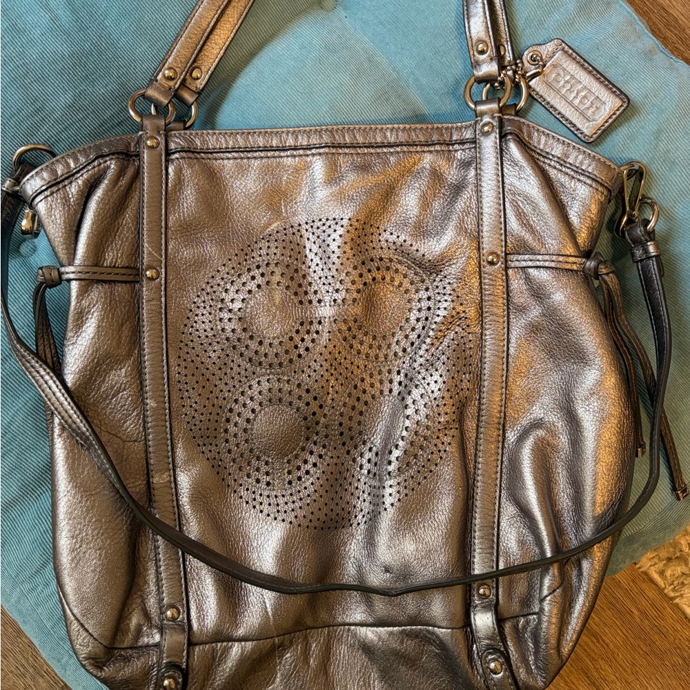 Coach Audrey 19567 Cinched Medium North South Tote Silver Metallic Leather